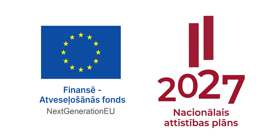 European Union logo with the text ‘Funded by the Recovery Fund NextGenerationEU’ and the logo of Latvia's National Development Plan 2027.
